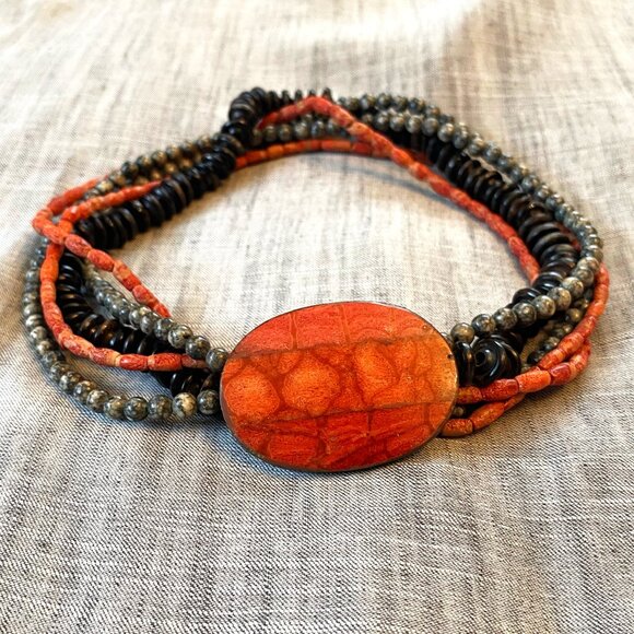 Red/Orange Oval Pendant and Multi-Layer Gemstone Beaded Choker - Picture 1 of 5